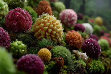Lush, vibrant moss covered with colorful, textured spheres resembling fruits, glistening with droplets of water, creating serene and enchanting atmosphere in nature