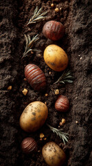 Rich soil with various potatoes and herbs creates vibrant scene of nature bounty. earthy tones and textures evoke sense of growth and nourishment, highlighting beauty of agriculture