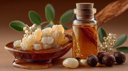 Natural resin essential oil aromatic ingredients herbal remedy wellness organic wooden bowl glass bottle spices botanical