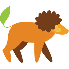 Stylized illustration of a friendly orange lion with a brown mane and a green tail on a transparent background
