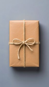 An overhead view of a wrapped gift, tied with string on a gray surface, suggesting anticipation and a thoughtful present. The package exudes simplicity and rustic charm.