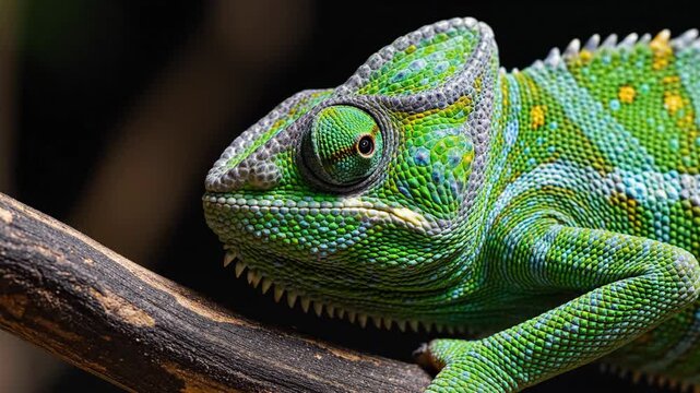 A vibrant chameleon rests on a branch, showcasing its intricate scale pattern and unique eye