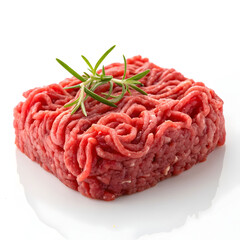 A portion of raw minced meat is isolated on a white background, highlighting its texture, freshness,