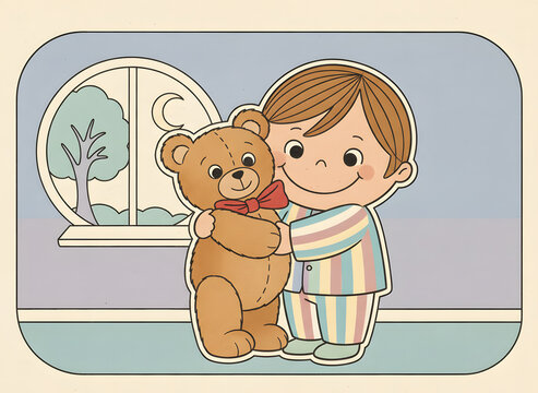 vintage children’s illustration of a kid hugging an old-fashioned teddy bear