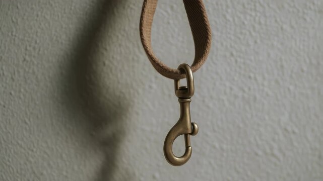 Eviction notice and debt reminders hang like brass metal hook strap, close up texture and shadow symbolizing weight of financial struggles and urgent