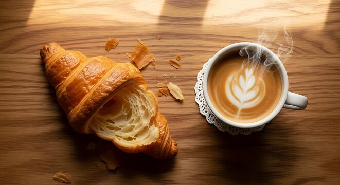"Fresh croissant and cup of coffee on wooden table, warm morning light, cozy breakfast setup, bakery food photography, detailed texture, inviting mood