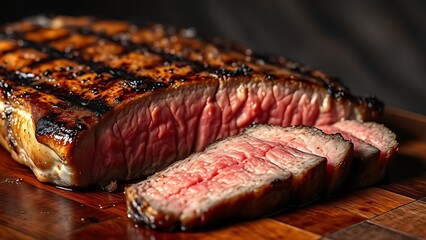 mediumrare. Sliced grilled ribeye steak with juicy details on a dark wooden background. menu design, packaging mockups, designed for culinary blogs and recipe cards for restaurants.
