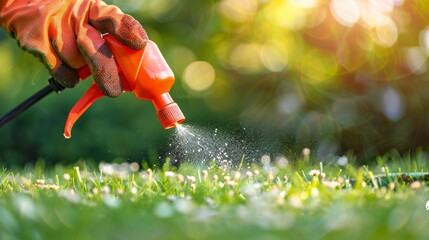 Worker applying pest control spray to maintain healthy and lush green lawn for pest management