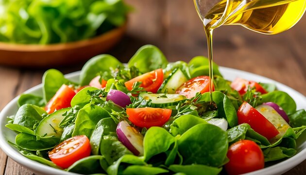Freshly prepared green salad featuring spinach, tomatoes, and cucumbers, having olive oil poured over for a healthy meal