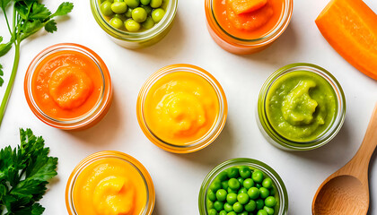 Colorful pureed baby foods in small glass jars, preparing nutritious meals for infants and toddlers on a white background