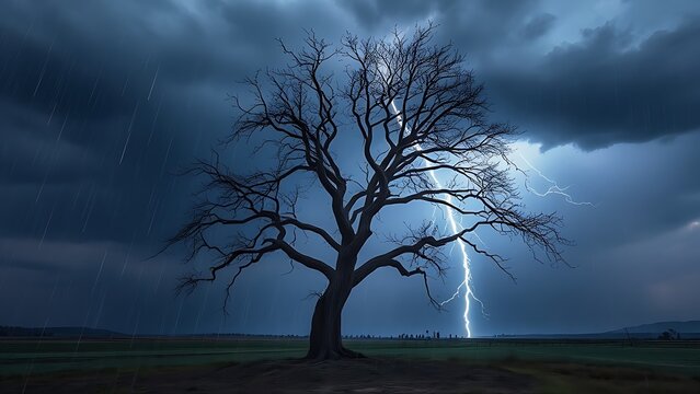 predictability. A solitary tree struck by lightning during a storm with dramatic sky. ESG reports, sustainability campaigns, designed for sustainability communications and ESG reporting.