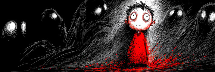 A haunting ink-doodle illustration depicting a terrified child in red surrounded by eerie black dark ghost figures, symbolizing childhood fears emerging from darkness. Generative Ai.