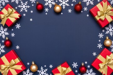 Dark blue Christmas background with space for text, red wrapped gifts and snowflakes around the perimeter.