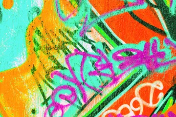Naklejka premium Dynamic graffiti art in neon orange, green, pink. 90s retro style, fluorescent glow, bold strokes. Urban, street art, digital backgrounds, creative modern 90s, 2000s visuals.
