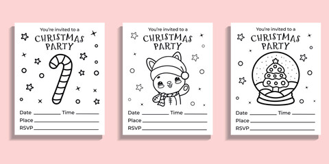 Christmas set of cards for kids' party, cute vector coloring pages