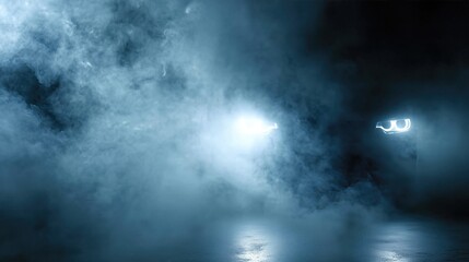 Car Headlights Piercing Dense Smoke In Dark Night Scene. Mysterious Look Perfect For Thriller, Technology, Or Futuristic Automotive Ads