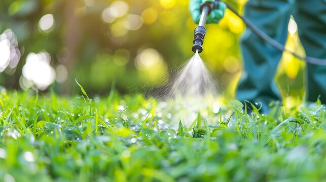 Worker using pest control spray on vibrant lawn for efficient pest management solutions