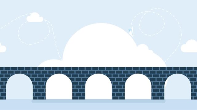 Construction architecture bridge design. Bridge construction. Steps of building repair bridgework architecture maintenance. Road break, travel routes. Missing section of bridge span. 2d flat animation