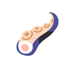 Octopus tentacle. Exotic seafood, gourmet delicacy. Marine animal limb with suction cups, cut piece. Sea food, tropical coastal ocean cuisine. Flat vector illustration isolated on white background