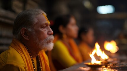 Obraz premium A hindu priest performing a lighted oil lamp ceremony. Devotional ritual in Indian culture. Traditional worship and spiritual offering.