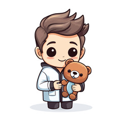 Adorable Cartoon Boy in a White Coat Holding a Teddy Bear with Love
