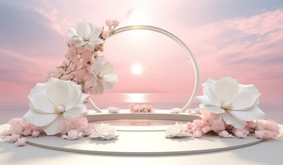 Podium with pink and white flowers set against sea background and sunset sky with golden ring arch framing magnolia blossoms