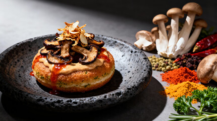 Gourmet Savory Vegan Donut Plant-Based Toppings Artisan Plating Clean Elegant Presentation