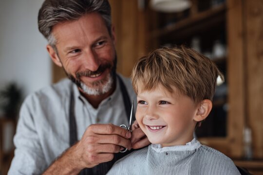 Caucasian male barber giving haircut to smiling young boy in barbershop