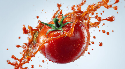 Juicy tomato splashing in red liquid against a light background