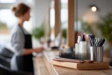 Hair salon tools with female hairstylist in background