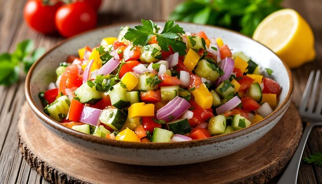 Colorful vegetable salad in a bowl, featuring diced cucumbers, tomatoes, red onion, bell peppers, and fresh parsley, resting on a wooden board