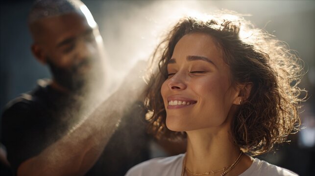 Smiling young hispanic female enjoying hair styling with barber spraying mist