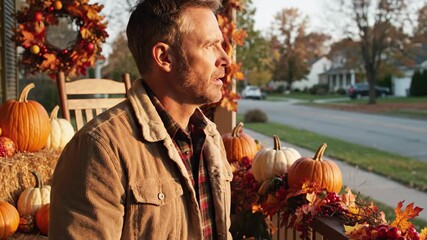 Man checking watch anxiously on autumn decorated porch. Awaiting guests on Thanksgiving day. Waiting for family to arrive.