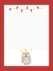 Page template for notes with a Christmas cat and bright garland
