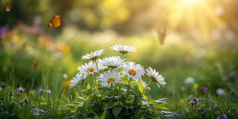 White daisies blooming in an outdoor garden serving as a natural background for floral design, seasonal change