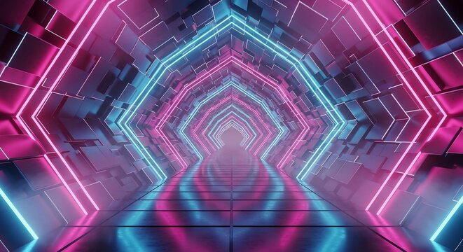 A neonlit tunnel with pink and blue lights reflecting on a tiled floor surrounded by geometric blocks