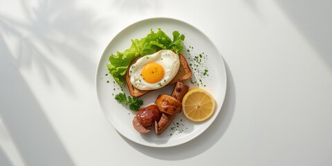 Healthy breakfast plate with bread toast sunny side up egg lettuce sausage and grilled banana, balanced meal for morning energy
