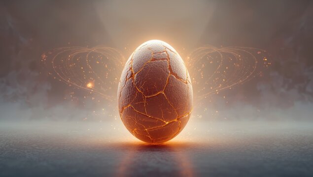 Glowing dragon egg with fractured surface, emphasizing fantasy art style