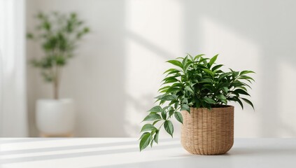 Fototapeta premium Fresh green ornamental plant in a rattan pot used as home decor, emphasizing natural aesthetic and good fortune symbolism