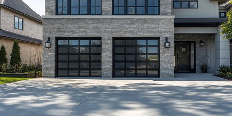 Modern house with black metal double garage doors featuring glass panels, emphasizing architectural design, Earth Day