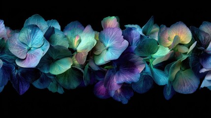 Clusters of vivid blue and purple blossoms create a dramatic horizontal border against a solid black background.