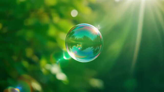 Floating single soap bubble captured in a crisp close-up shot, reflective surface shimmering, vivid bright green background