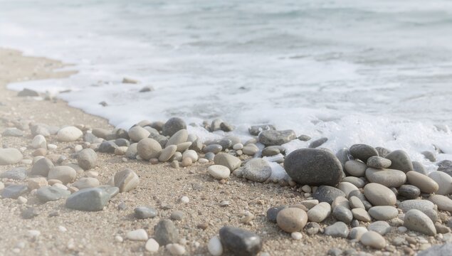 Smooth rounded stones scattered on a beach with water flowing over them, emphasizing erosion risk
