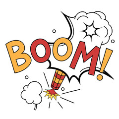 Comic book style boom sound effect with explosion and smoke isolated on