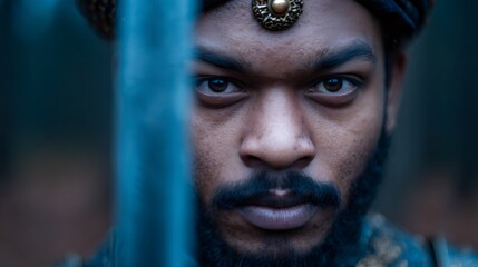 Close-up of indian king mugyal daud with intense gaze, wearing a traditional turban and holding a sword. Historical depiction for cultural and religious themes.