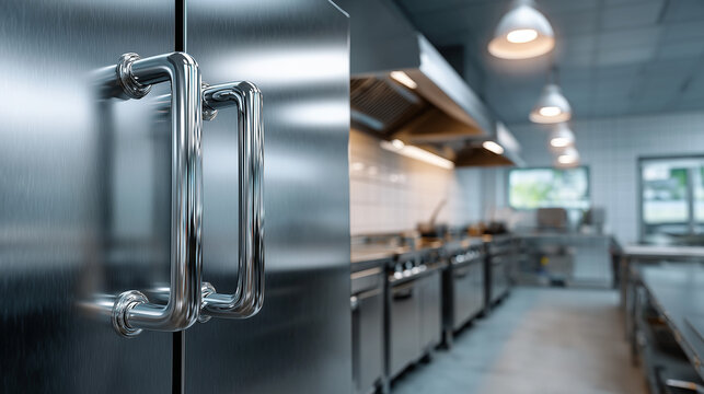 Kitchen scene focused on a modern stainless steel refrigerator, accompanied by professional-grade kitchen appliances.