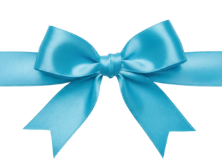 Light blue satin ribbon bow isolated PNG, decorative element for gift wrapping and festive designs on transparent background