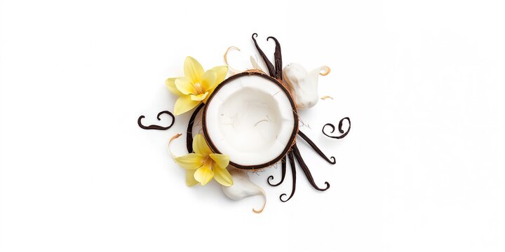 Coconut with vanilla pods and flower used as a natural flavoring, food ingredient, and aromatic garnish