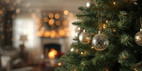 Glass ornaments hanging from live Christmas Tree branches indoors, seasonal decoration for holiday celebration