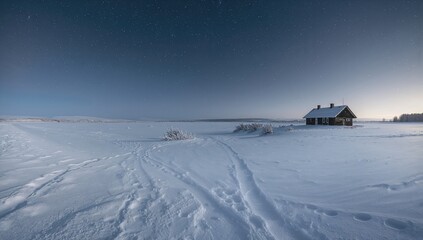Snow-covered rural landscape at night after a blizzard with hidden footprints and an old wooden house, emphasizing seasonal change